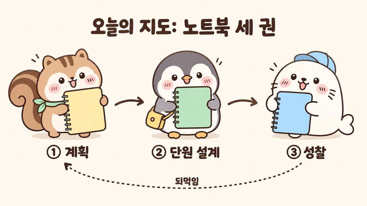노트북 세 권: ① 계획, ② 단원 설계, ③ 성찰이 화살표로 이어지고 되먹임으로 돌아오는 그림